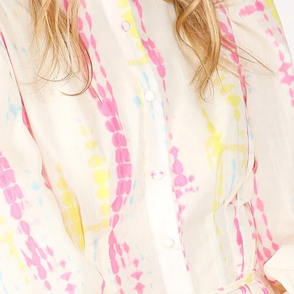 NWT Beulah Women's SZ L Shirt-dress Tie-Dye Bishop Sleeve Tiered Preppy Dress - Picture 9 of 9